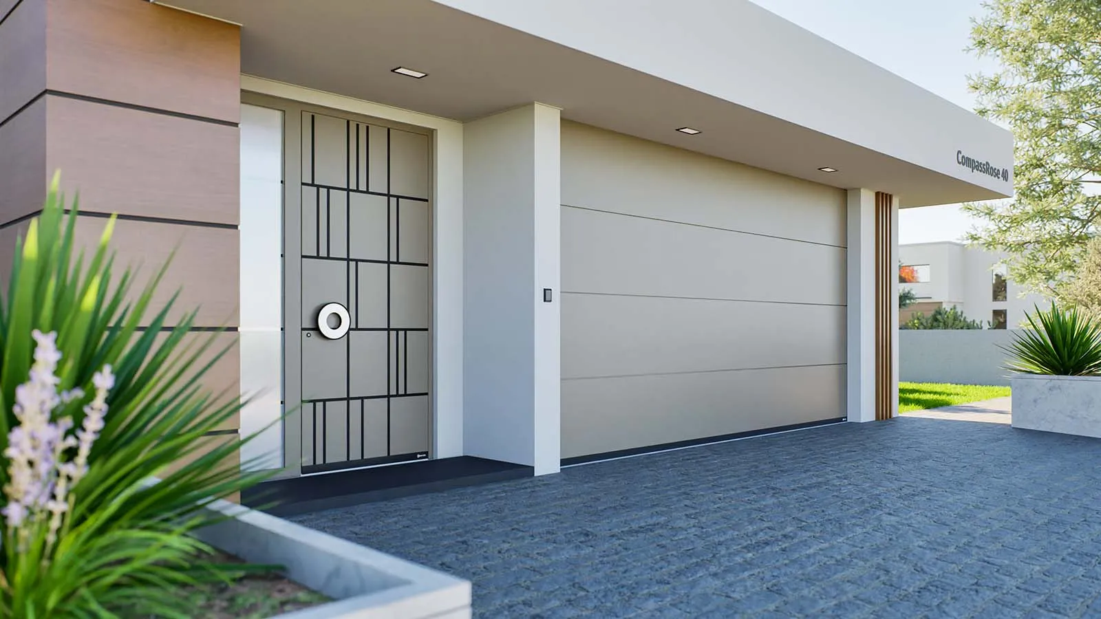 Insulated D-GATE sectional garage door on a modern home facade