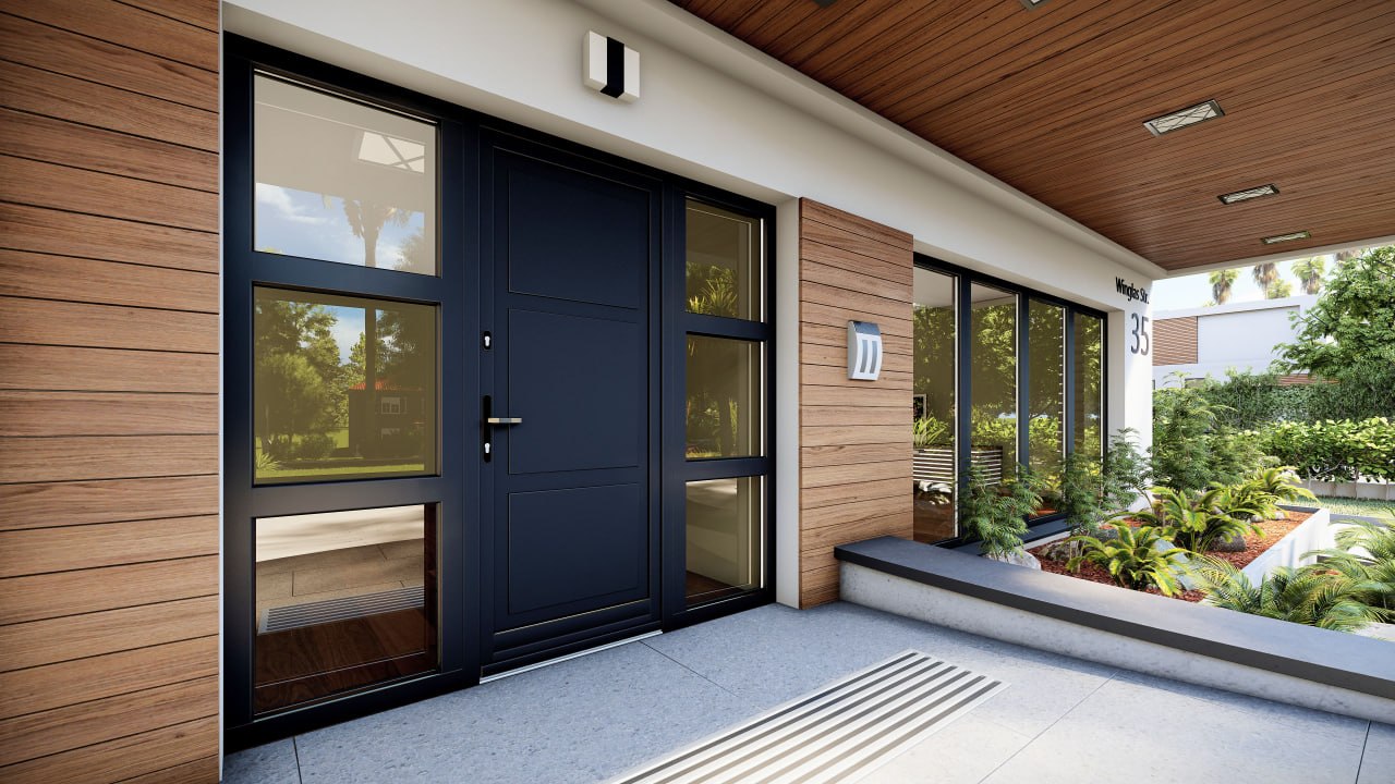 Modern European entry door with wood-clad architectural facade