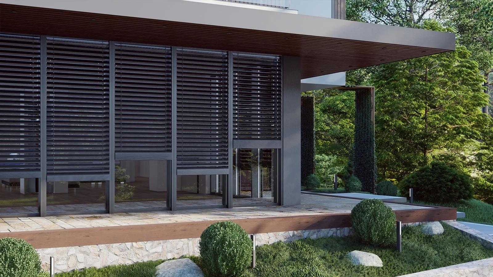 Exterior venetian blinds shading large windows on a modern home exterior